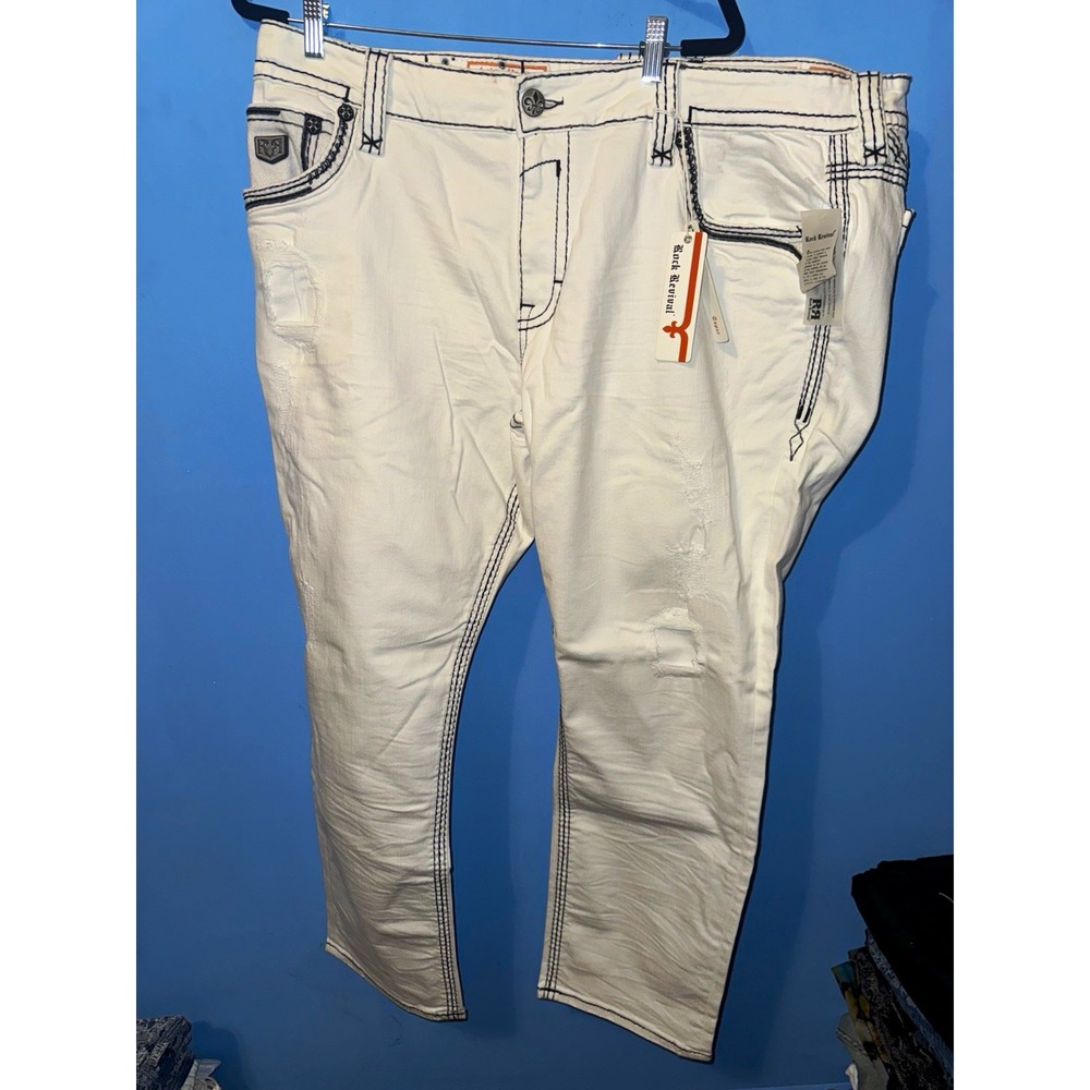 Rock Revival White Straight Denim Jeans Distressed Embroidered Rocky NWT 44x34